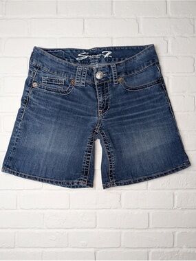 Seven7 Womens Denim Jean Shorts Faded Contrast Stitch Mid Rise Stretch Size 29
